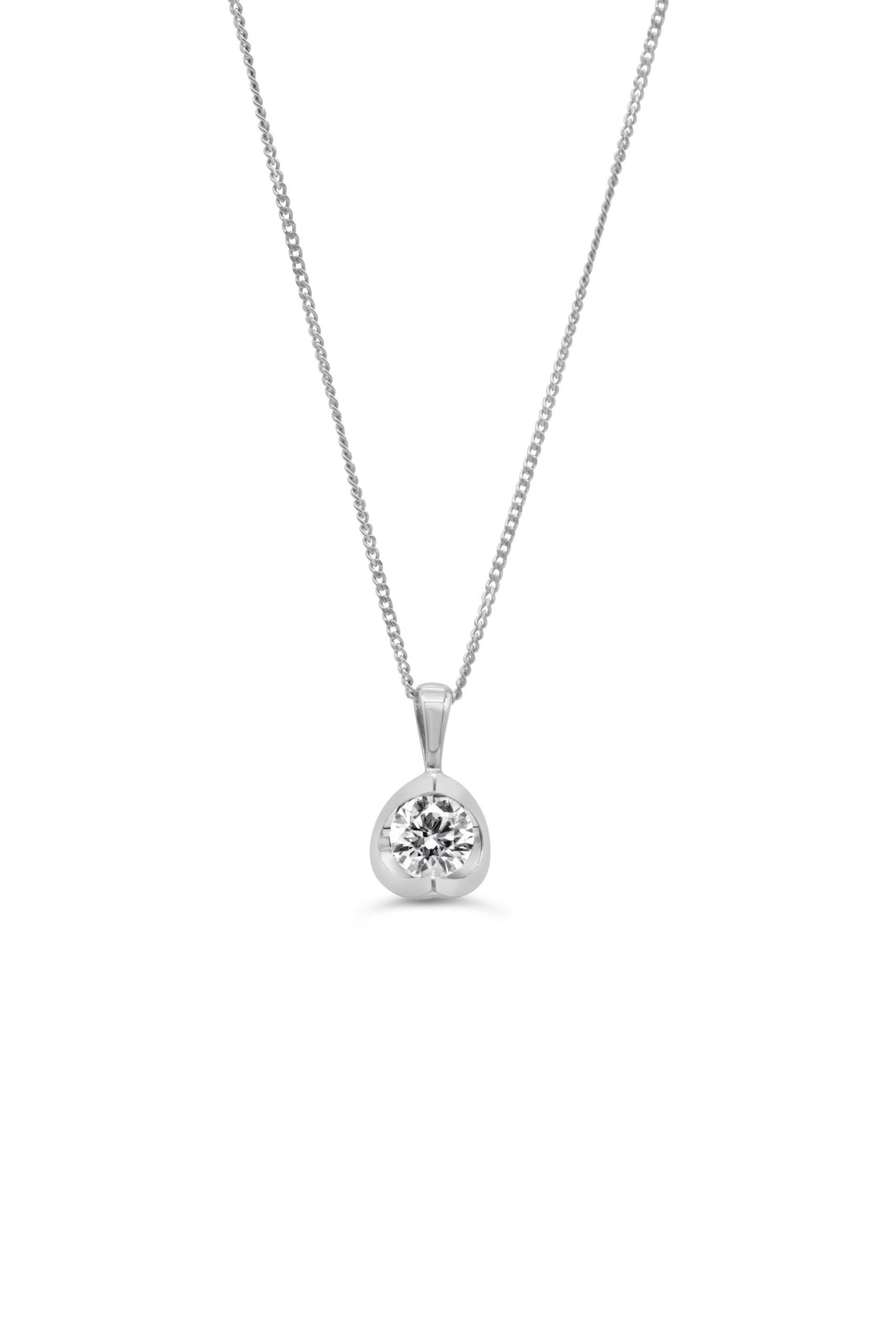 10K white gold half-moon pendant necklace with 0.10TDW natural diamond on a delicate chain.