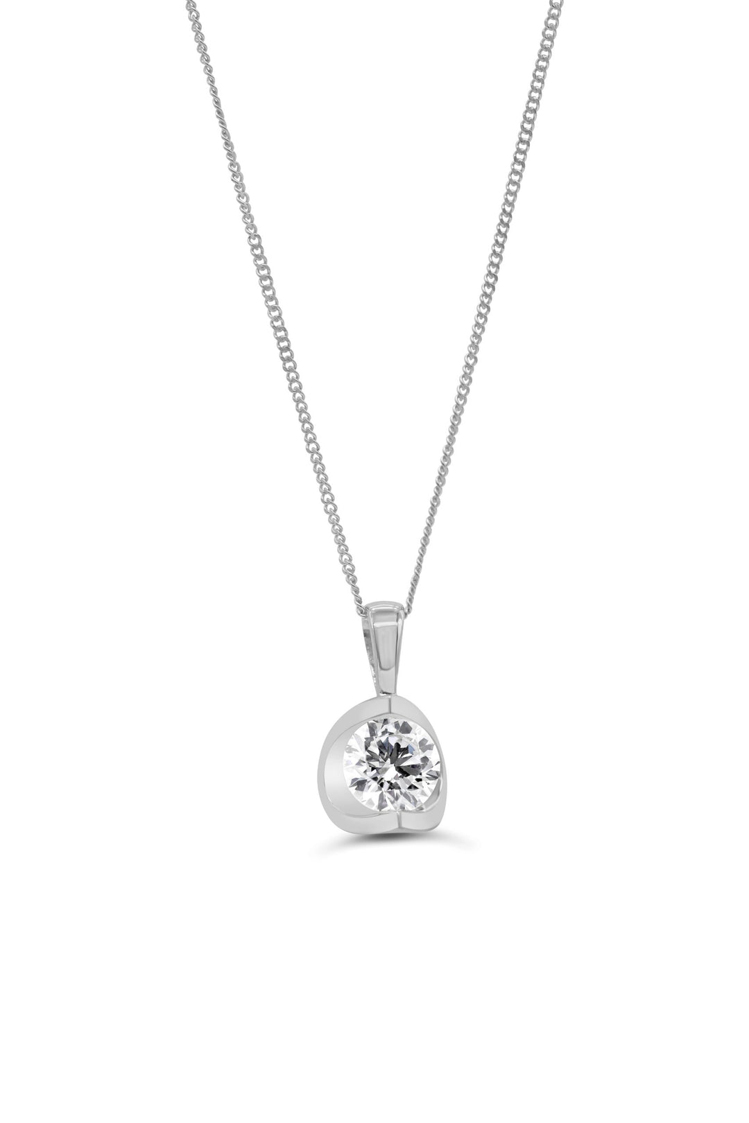 10K white gold half-moon pendant necklace with 0.20TDW natural diamond on a delicate chain.