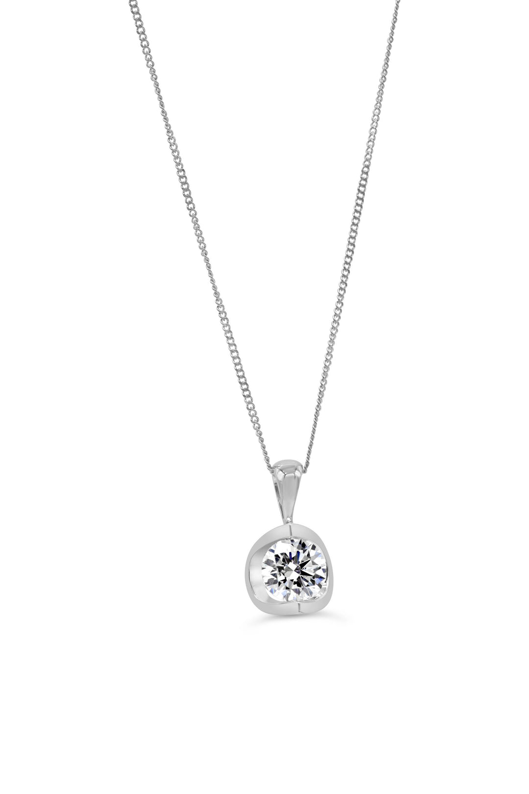 10K white gold half-moon pendant necklace with 0.15TDW natural diamond on a delicate chain.