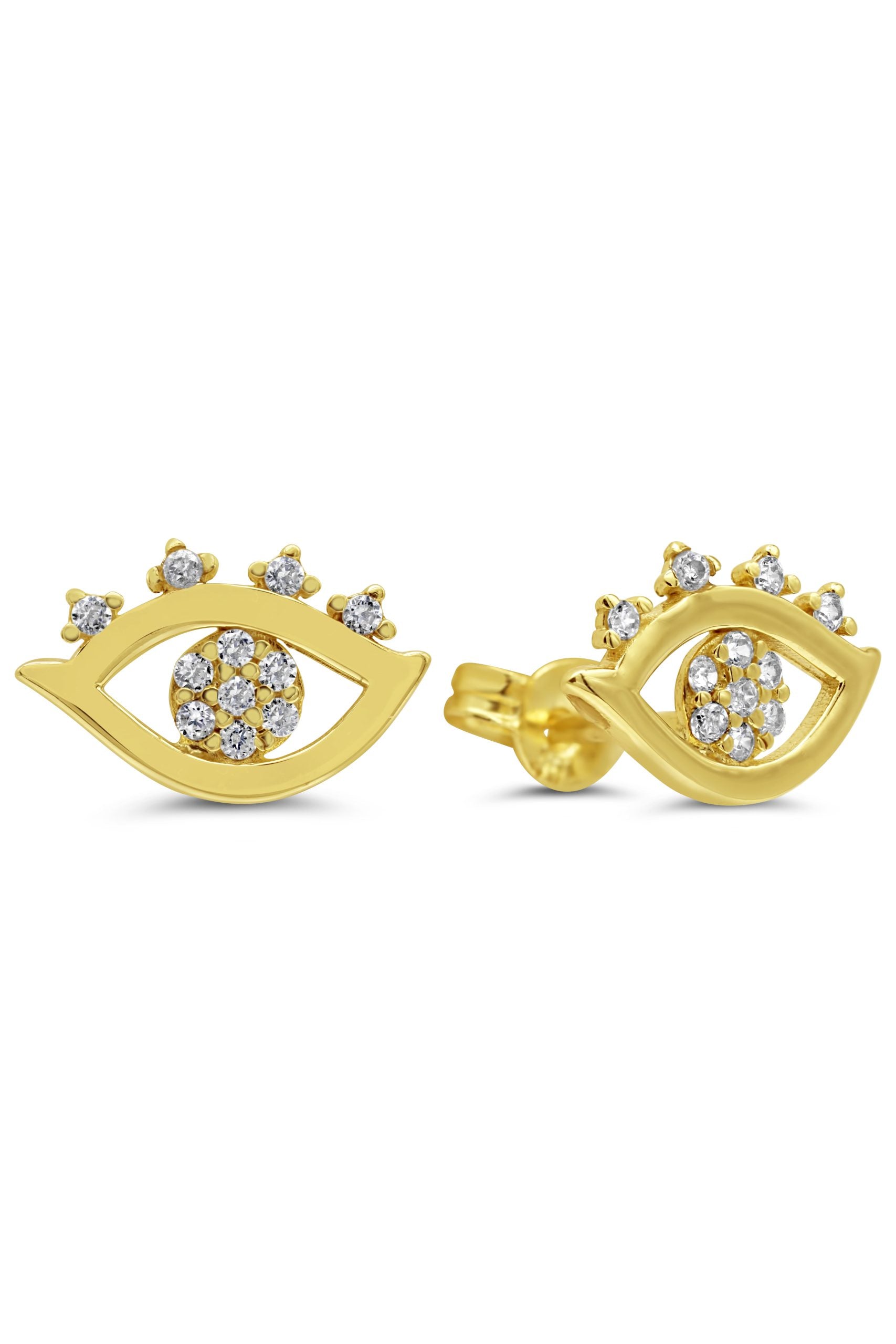 10k yellow gold eye-shaped stud earrings with cubic zirconia accents