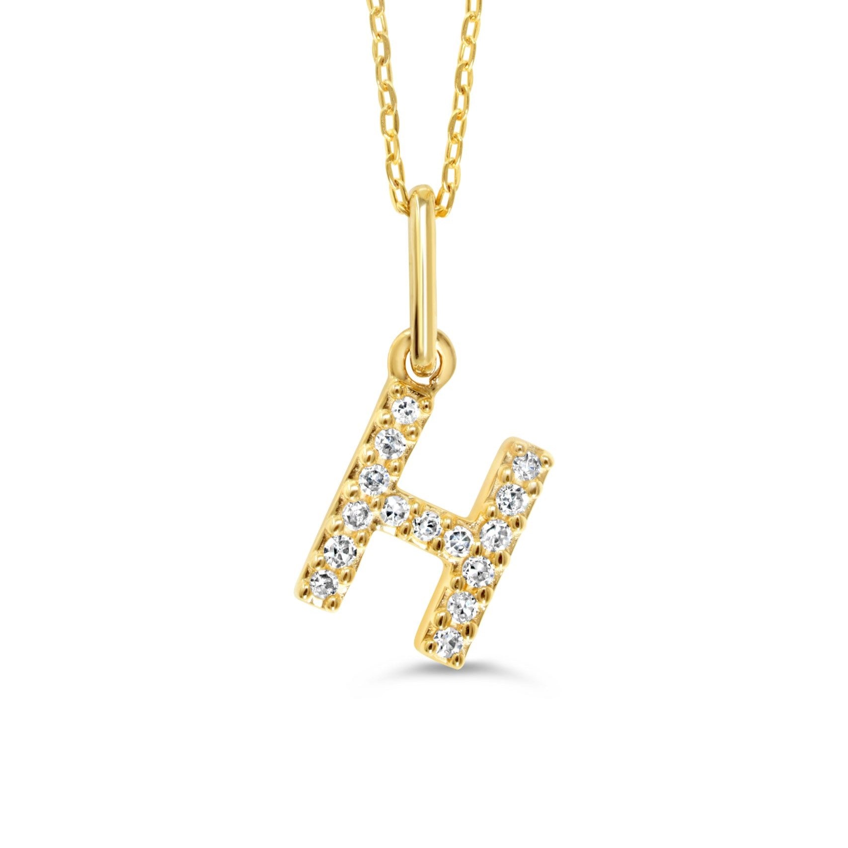 Yellow gold diamond "H" pendant necklace with 0.05CT diamonds and cable chain.