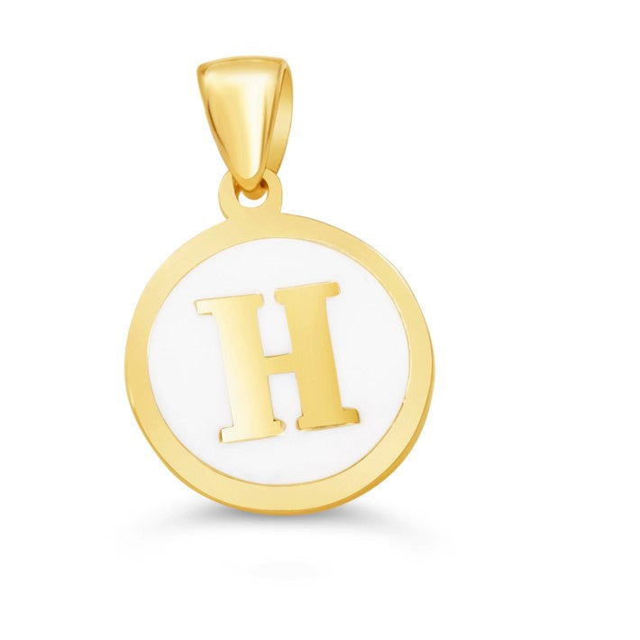 10K Gold Initial "H" Pendant with white enamel background and polished gold frame.