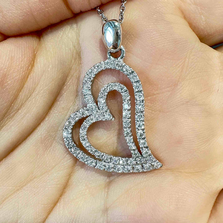 18K White Gold Double Heart Pendant with Natural Diamonds