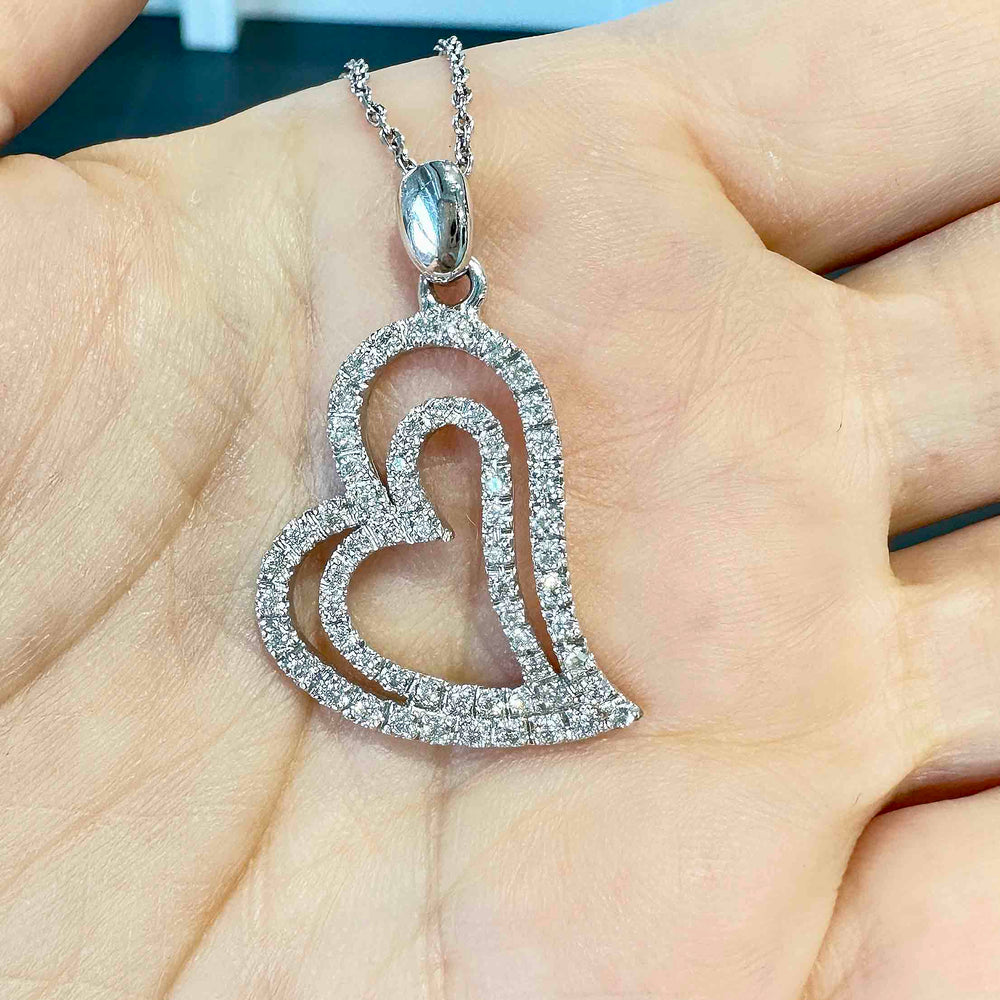 18K White Gold Double Heart Pendant with Natural Diamonds