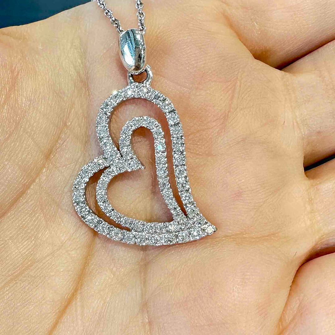 18K White Gold Double Heart Pendant with Natural Diamonds