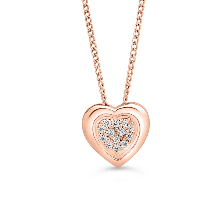 10K rose gold heart pendant with a diamond pavé setting of 0.05 ct, elegantly displayed on a matching rose gold chain, ideal for a romantic gift or personal treat.