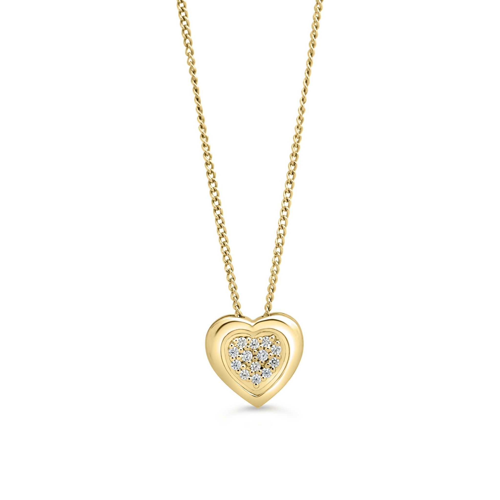 10K yellow gold heart pendant necklace with 0.05ct diamond pavé cluster on a fine gold chain.