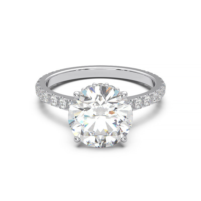 1.9 Carat Round Lab Grown Diamond Ring with Hidden Halo, Cathedral Setting, and Pave Band