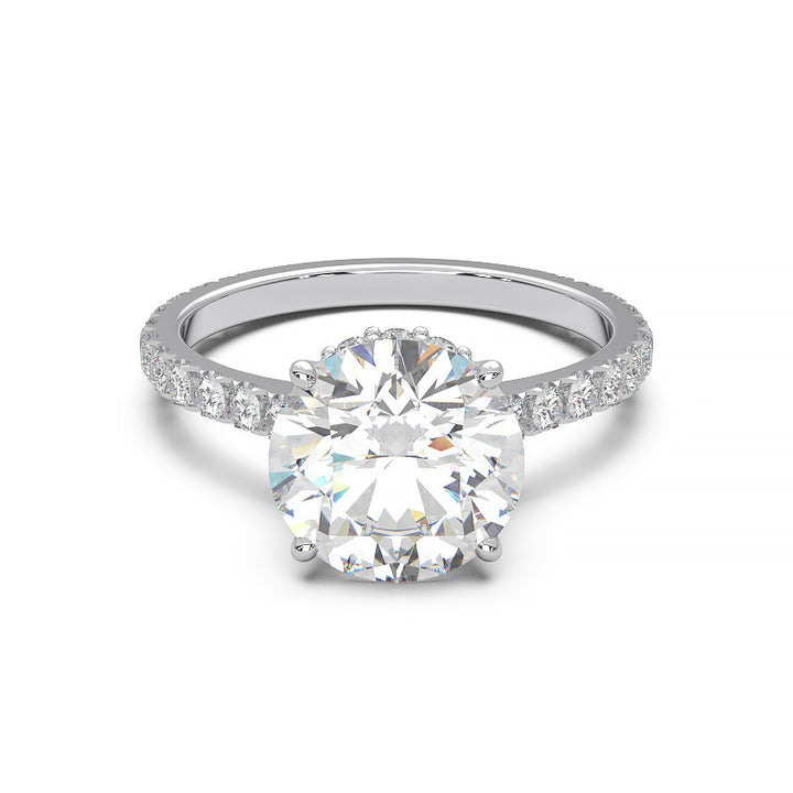 1.9 Carat Round Lab Grown Diamond Ring with Hidden Halo, Cathedral Setting, and Pave Band