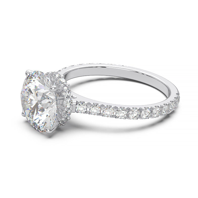 1.9 Carat Round Lab Grown Diamond Ring with Hidden Halo, Cathedral Setting, and Pave Band