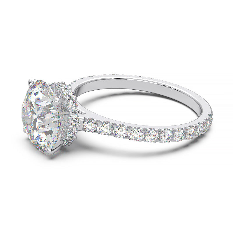 1.9 Carat Round Lab Grown Diamond Ring with Hidden Halo, Cathedral Setting, and Pave Band