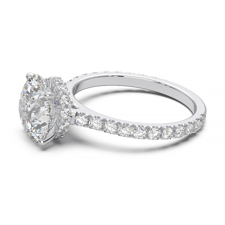 1.9 Carat Round Lab Grown Diamond Ring with Hidden Halo, Cathedral Setting, and Pave Band