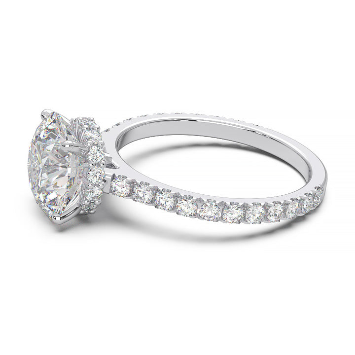 1.9 Carat Round Lab Grown Diamond Ring with Hidden Halo, Cathedral Setting, and Pave Band