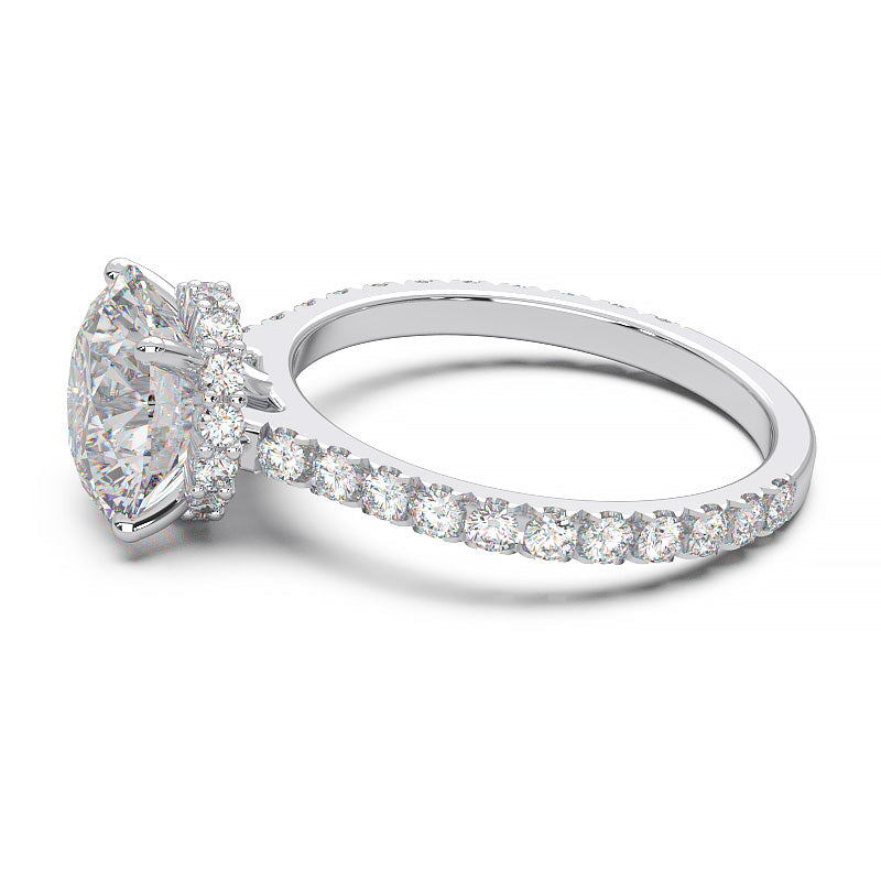 1.9 Carat Round Lab Grown Diamond Ring with Hidden Halo, Cathedral Setting, and Pave Band