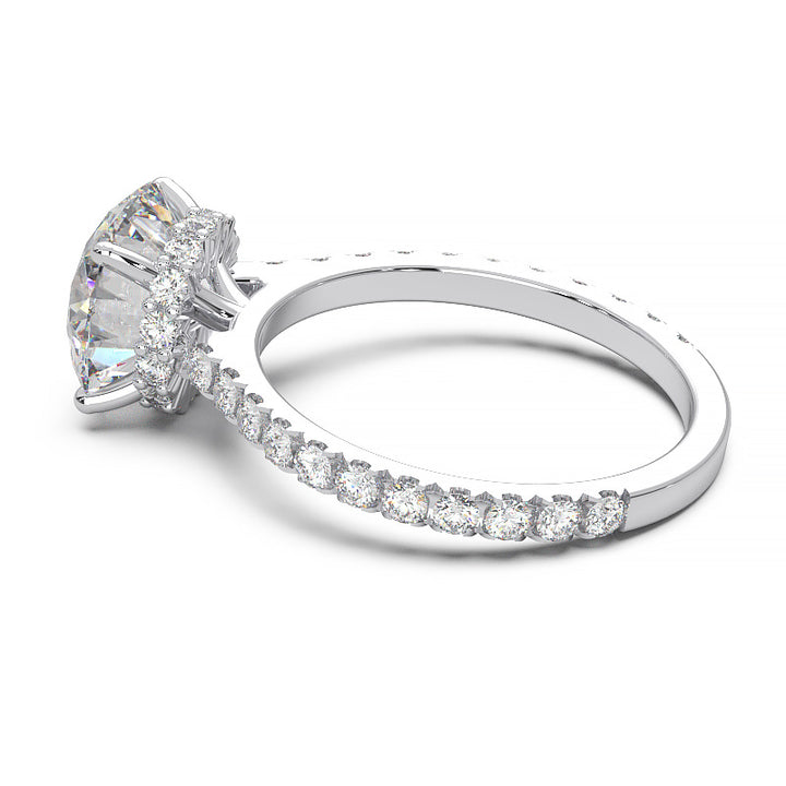 1.9 Carat Round Lab Grown Diamond Ring with Hidden Halo, Cathedral Setting, and Pave Band