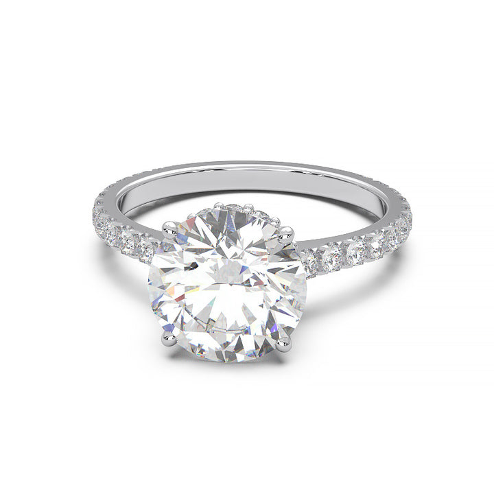 1.9 Carat Round Lab Grown Diamond Ring with Hidden Halo, Cathedral Setting, and Pave Band