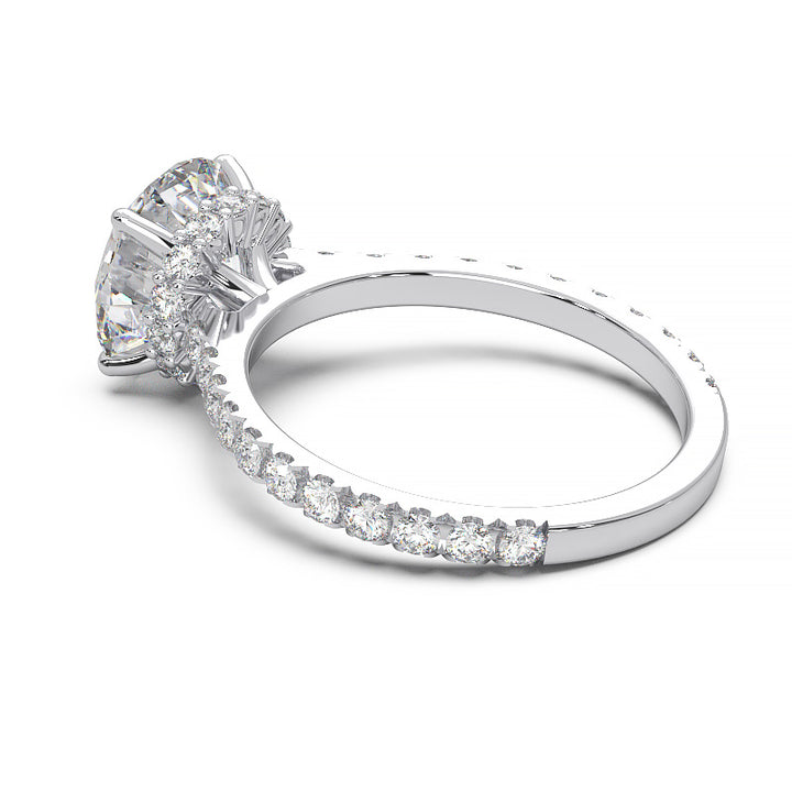 1.9 Carat Round Lab Grown Diamond Ring with Hidden Halo, Cathedral Setting, and Pave Band