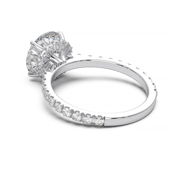 1.9 Carat Round Lab Grown Diamond Ring with Hidden Halo, Cathedral Setting, and Pave Band