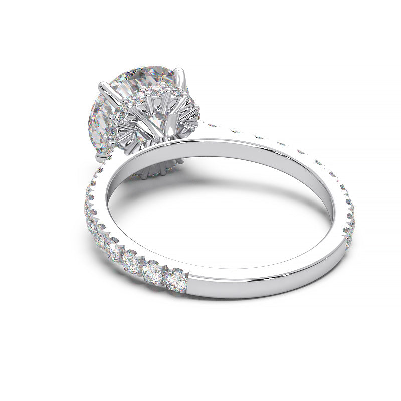 1.9 Carat Round Lab Grown Diamond Ring with Hidden Halo, Cathedral Setting, and Pave Band