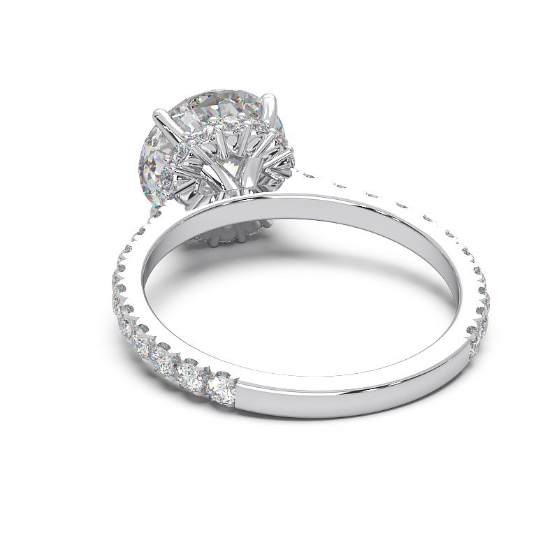 1.9 Carat Round Lab Grown Diamond Ring with Hidden Halo, Cathedral Setting, and Pave Band