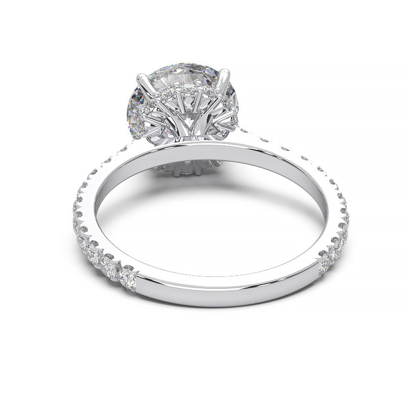 1.9 Carat Round Lab Grown Diamond Ring with Hidden Halo, Cathedral Setting, and Pave Band