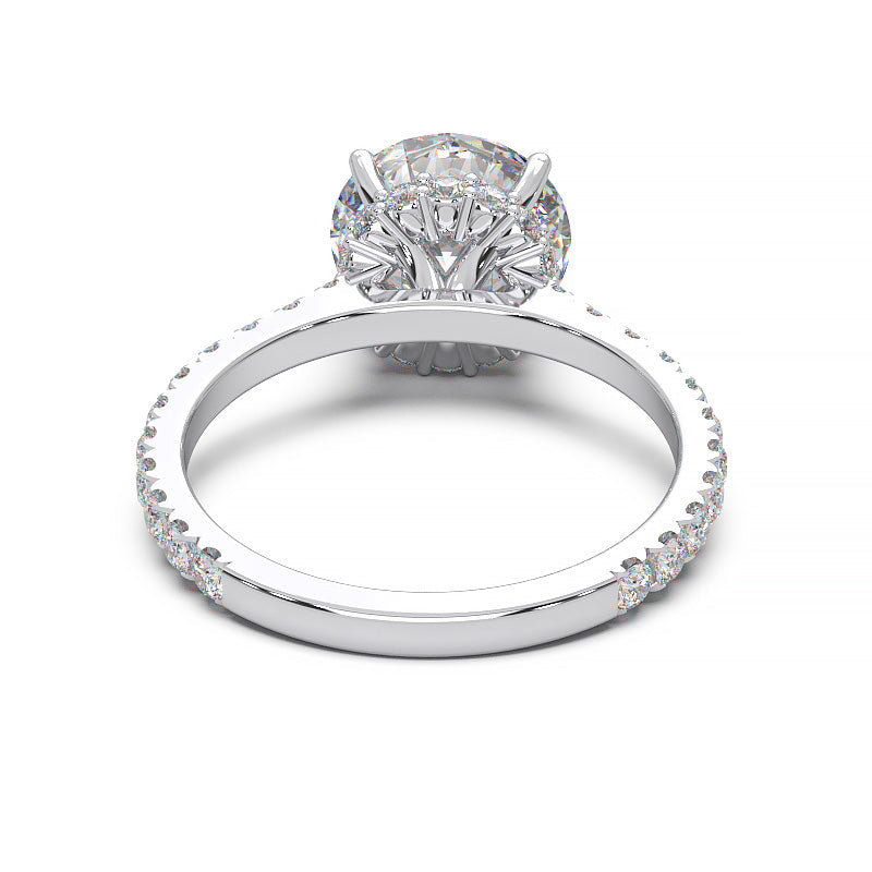 1.9 Carat Round Lab Grown Diamond Ring with Hidden Halo, Cathedral Setting, and Pave Band