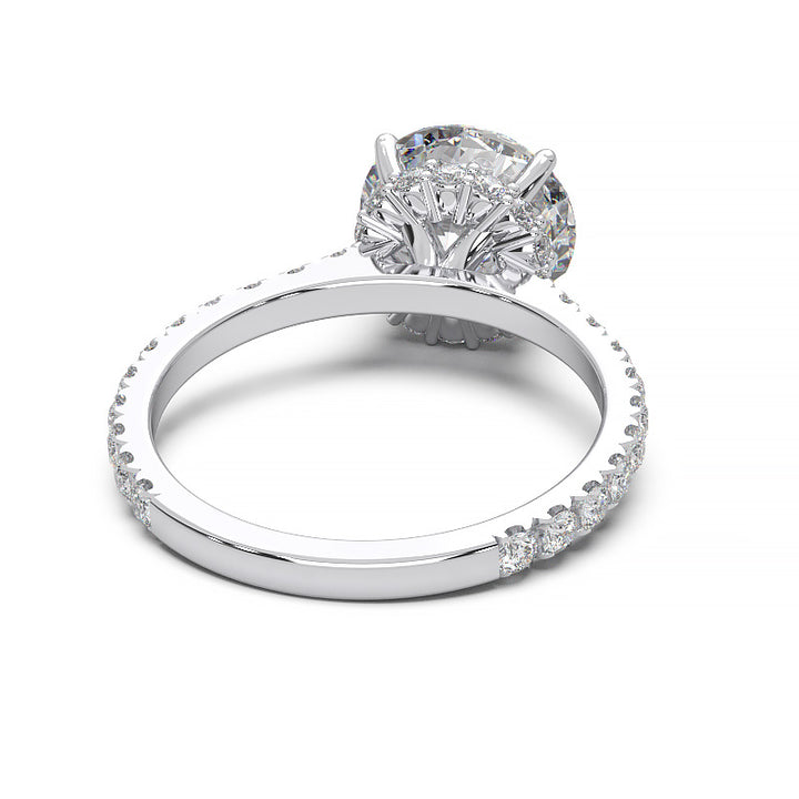 1.9 Carat Round Lab Grown Diamond Ring with Hidden Halo, Cathedral Setting, and Pave Band