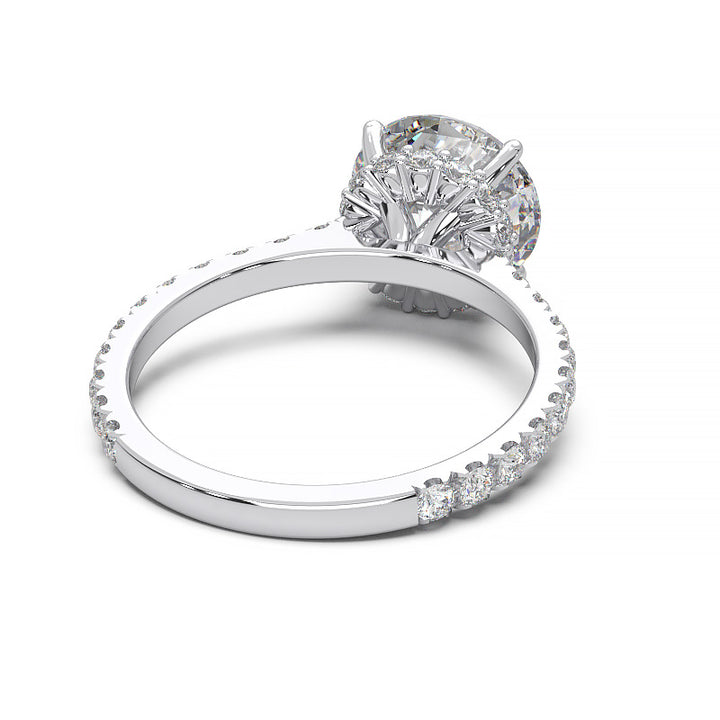 1.9 Carat Round Lab Grown Diamond Ring with Hidden Halo, Cathedral Setting, and Pave Band