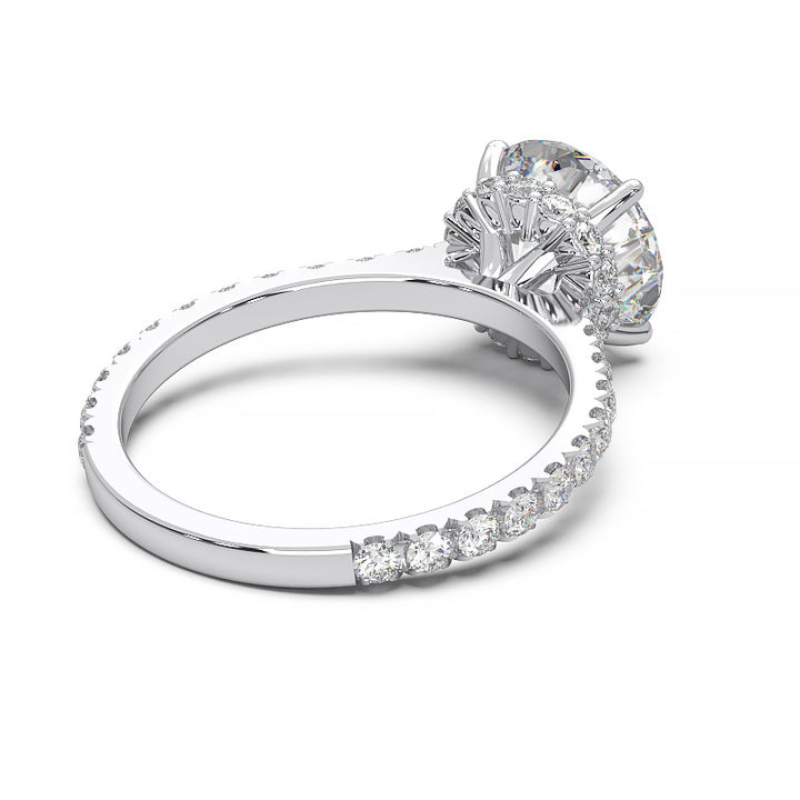 1.9 Carat Round Lab Grown Diamond Ring with Hidden Halo, Cathedral Setting, and Pave Band