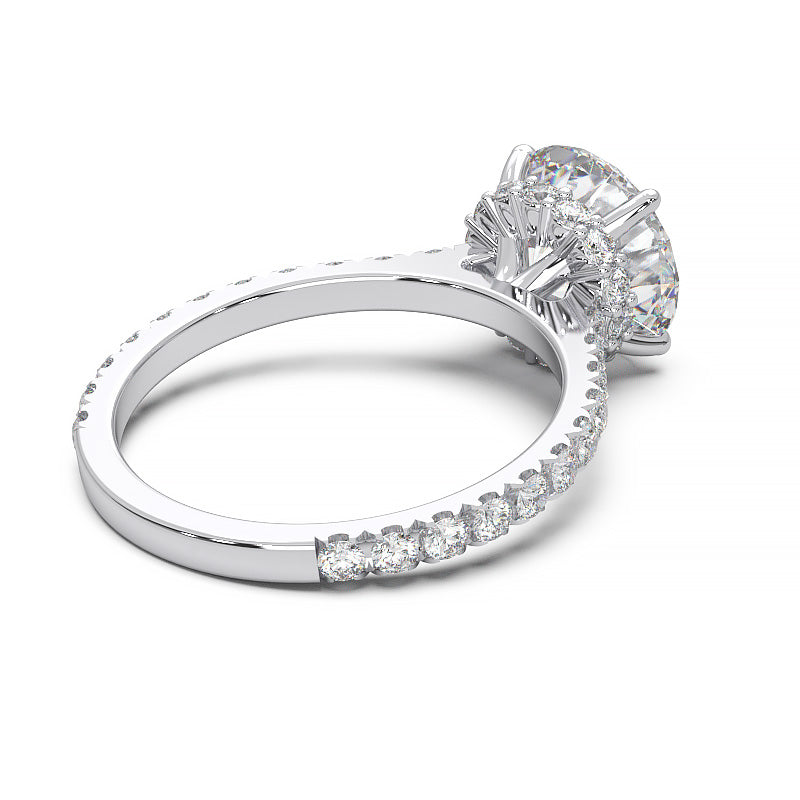 1.9 Carat Round Lab Grown Diamond Ring with Hidden Halo, Cathedral Setting, and Pave Band