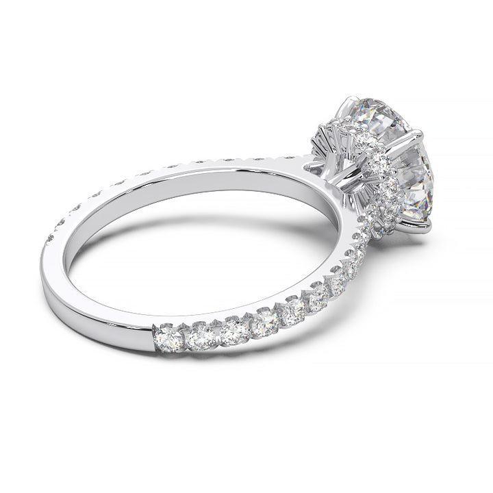 1.9 Carat Round Lab Grown Diamond Ring with Hidden Halo, Cathedral Setting, and Pave Band