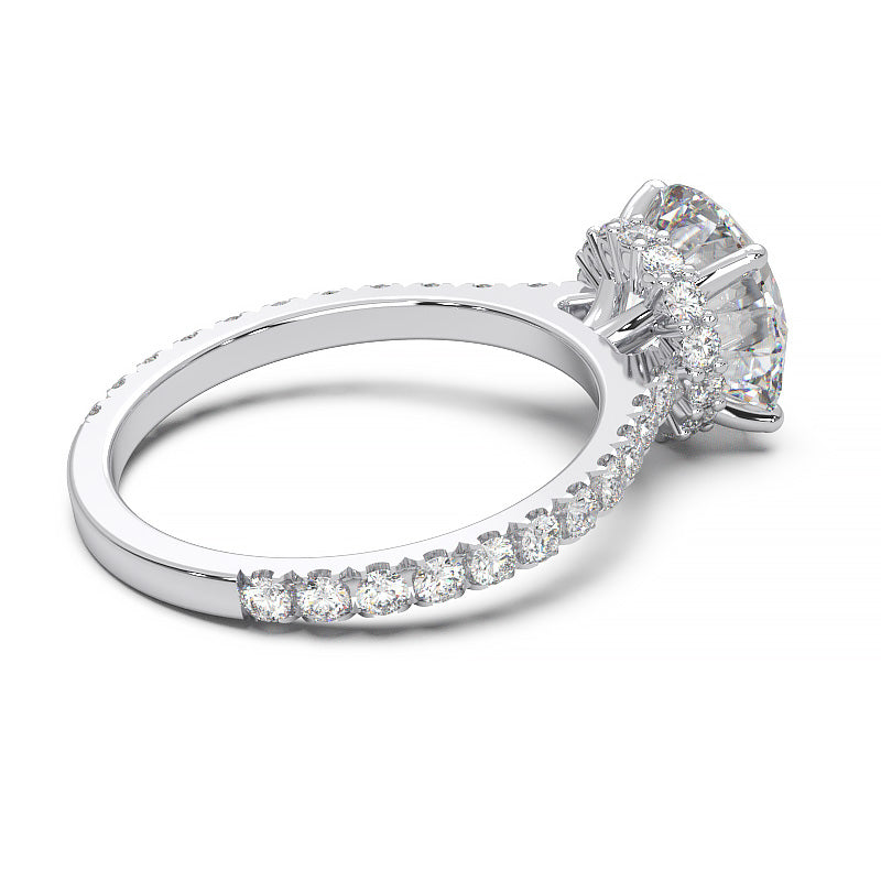 1.9 Carat Round Lab Grown Diamond Ring with Hidden Halo, Cathedral Setting, and Pave Band