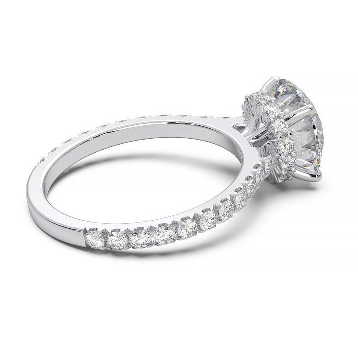 1.9 Carat Round Lab Grown Diamond Ring with Hidden Halo, Cathedral Setting, and Pave Band