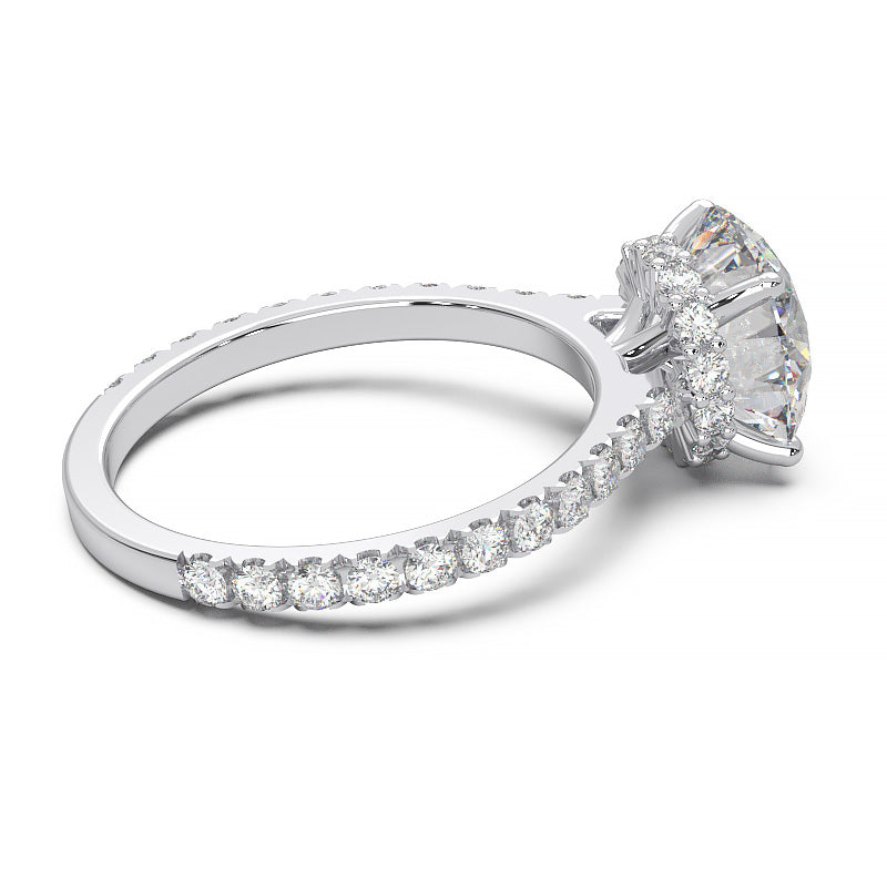 1.9 Carat Round Lab Grown Diamond Ring with Hidden Halo, Cathedral Setting, and Pave Band