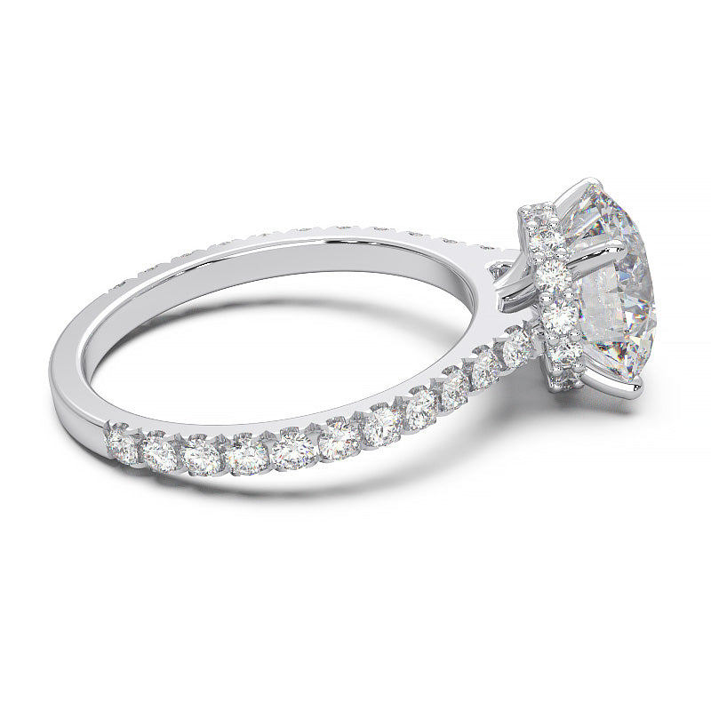 1.9 Carat Round Lab Grown Diamond Ring with Hidden Halo, Cathedral Setting, and Pave Band