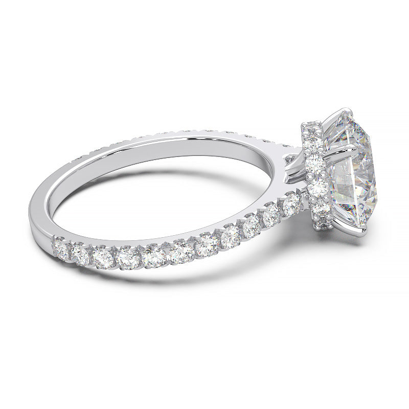 1.9 Carat Round Lab Grown Diamond Ring with Hidden Halo, Cathedral Setting, and Pave Band