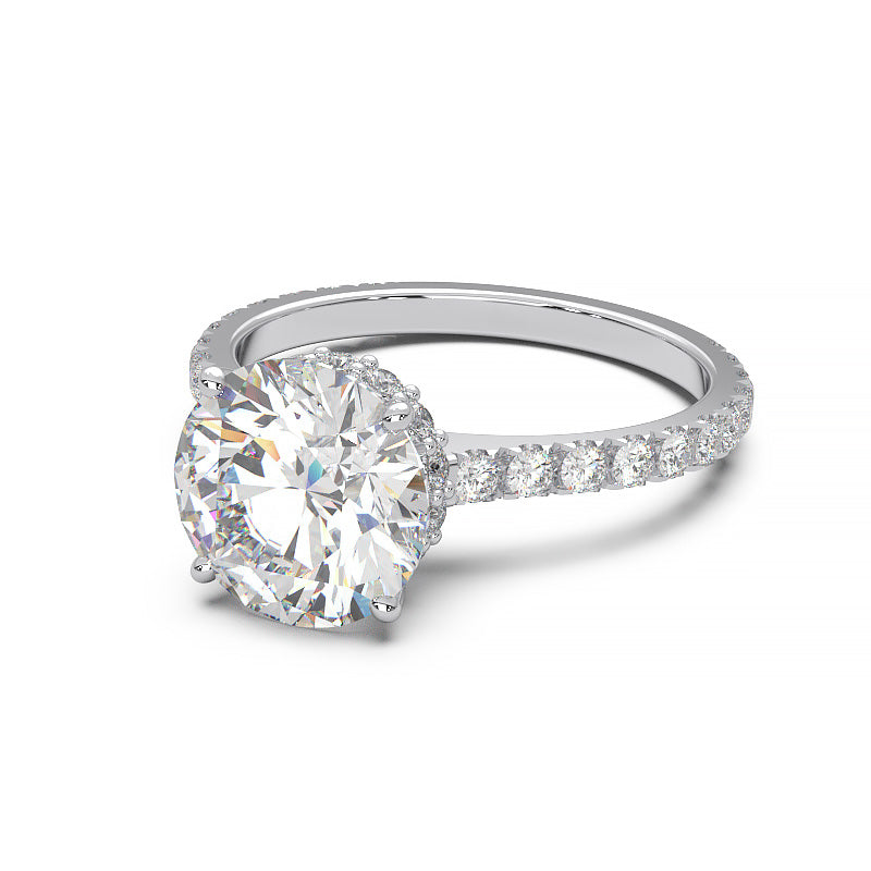 1.9 Carat Round Lab Grown Diamond Ring with Hidden Halo, Cathedral Setting, and Pave Band