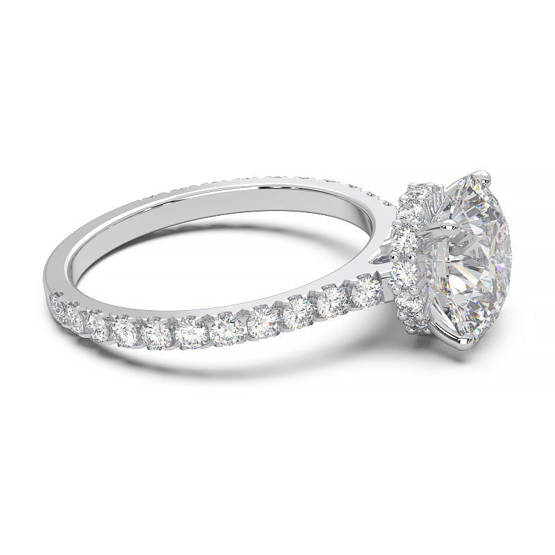 1.9 Carat Round Lab Grown Diamond Ring with Hidden Halo, Cathedral Setting, and Pave Band