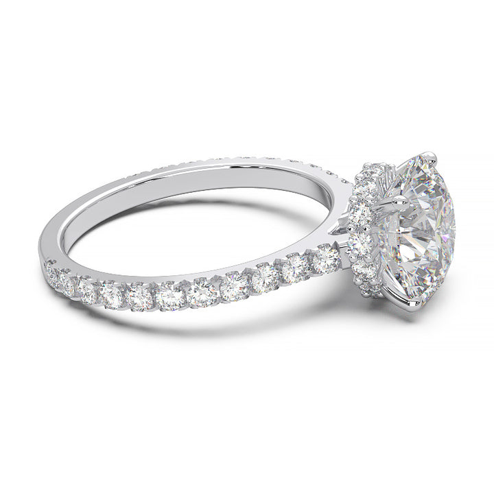 1.9 Carat Round Lab Grown Diamond Ring with Hidden Halo, Cathedral Setting, and Pave Band