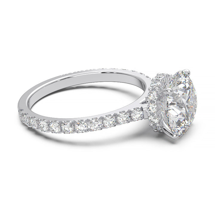 1.9 Carat Round Lab Grown Diamond Ring with Hidden Halo, Cathedral Setting, and Pave Band