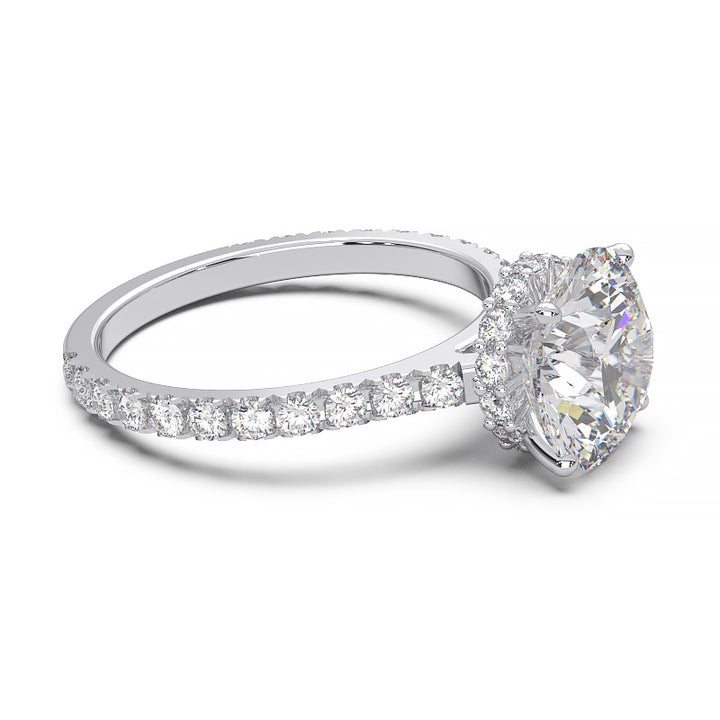 1.9 Carat Round Lab Grown Diamond Ring with Hidden Halo, Cathedral Setting, and Pave Band