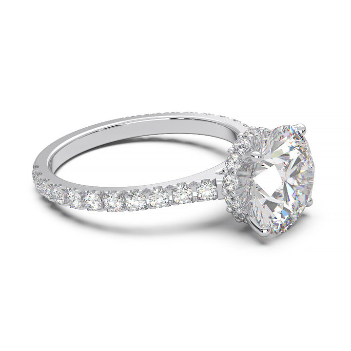 1.9 Carat Round Lab Grown Diamond Ring with Hidden Halo, Cathedral Setting, and Pave Band