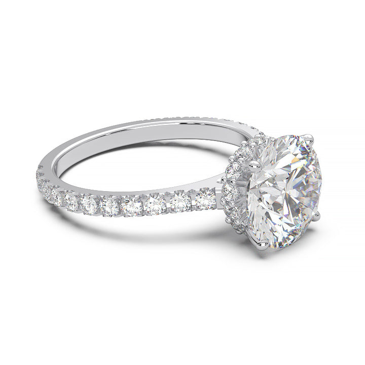 1.9 Carat Round Lab Grown Diamond Ring with Hidden Halo, Cathedral Setting, and Pave Band