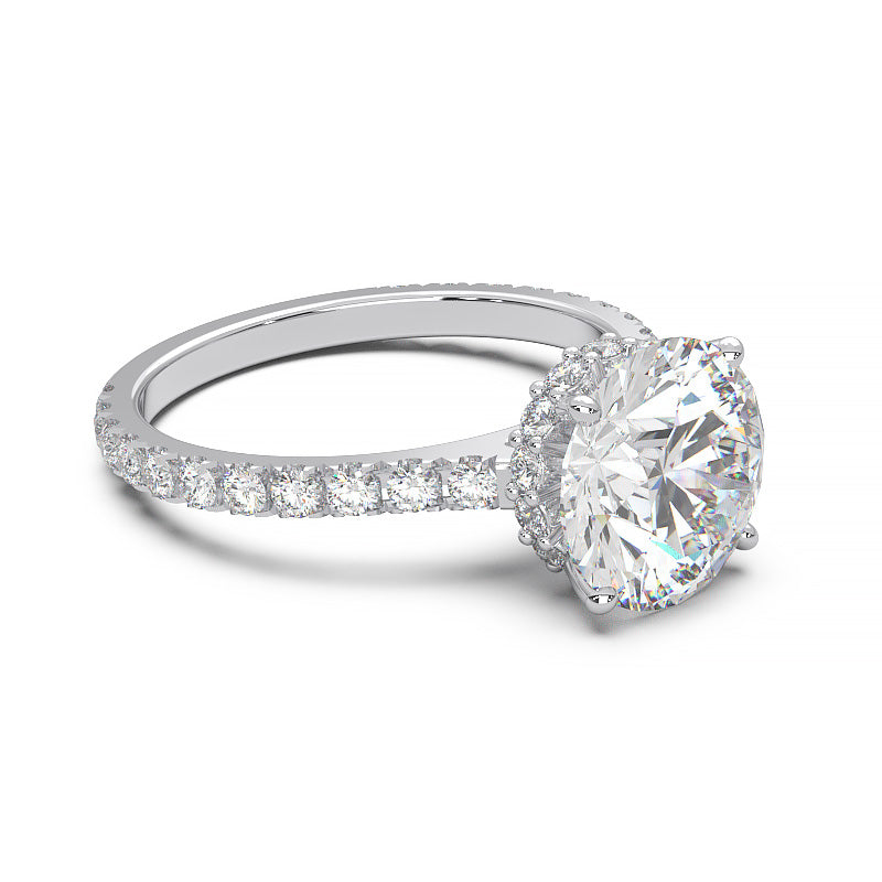 1.9 Carat Round Lab Grown Diamond Ring with Hidden Halo, Cathedral Setting, and Pave Band