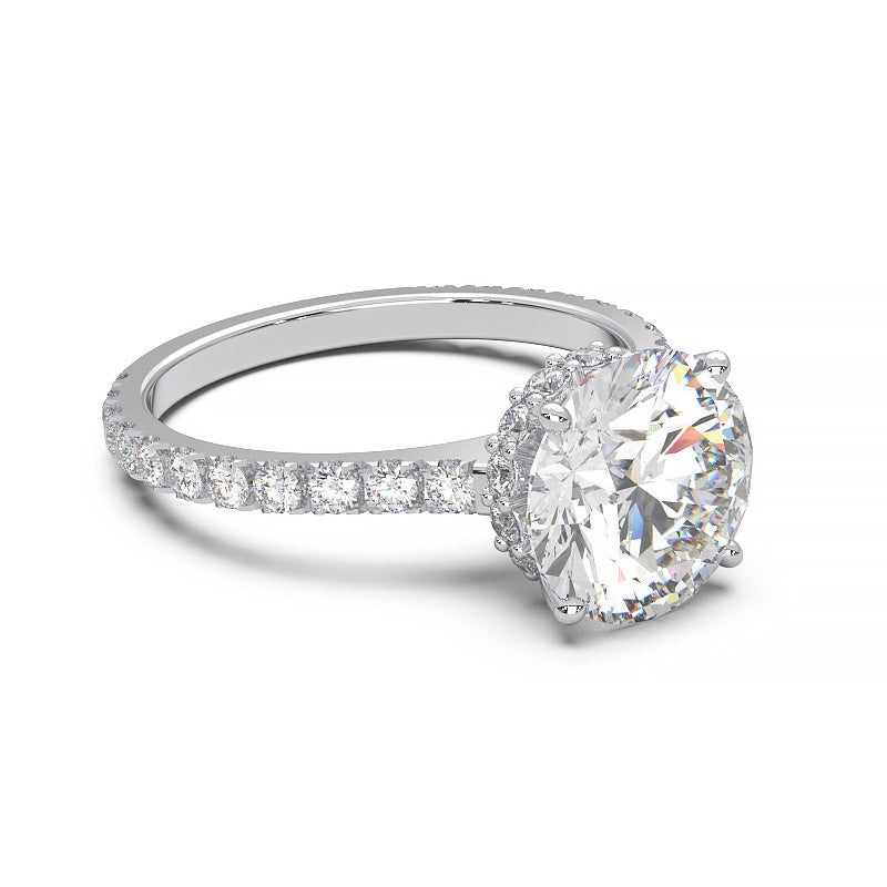 1.9 Carat Round Lab Grown Diamond Ring with Hidden Halo, Cathedral Setting, and Pave Band