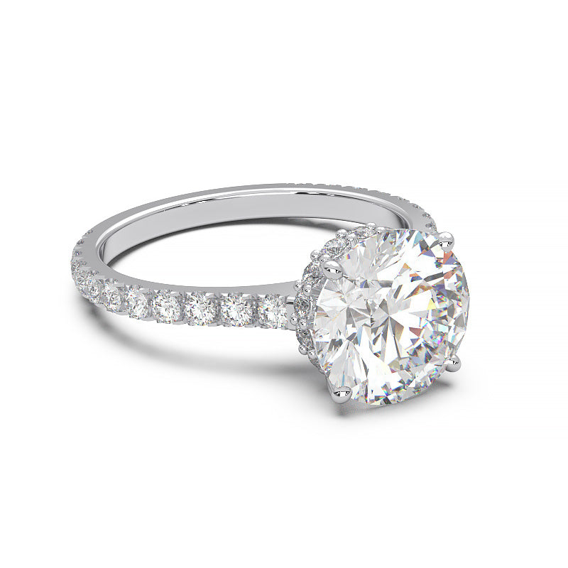 1.9 Carat Round Lab Grown Diamond Ring with Hidden Halo, Cathedral Setting, and Pave Band