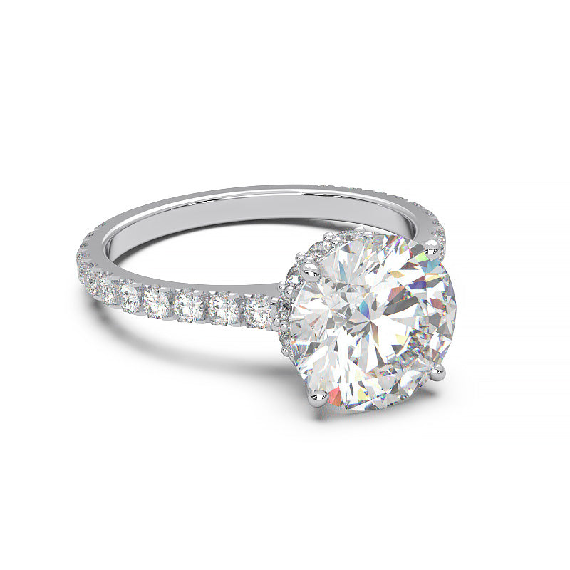 1.9 Carat Round Lab Grown Diamond Ring with Hidden Halo, Cathedral Setting, and Pave Band