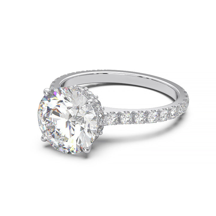 1.9 Carat Round Lab Grown Diamond Ring with Hidden Halo, Cathedral Setting, and Pave Band