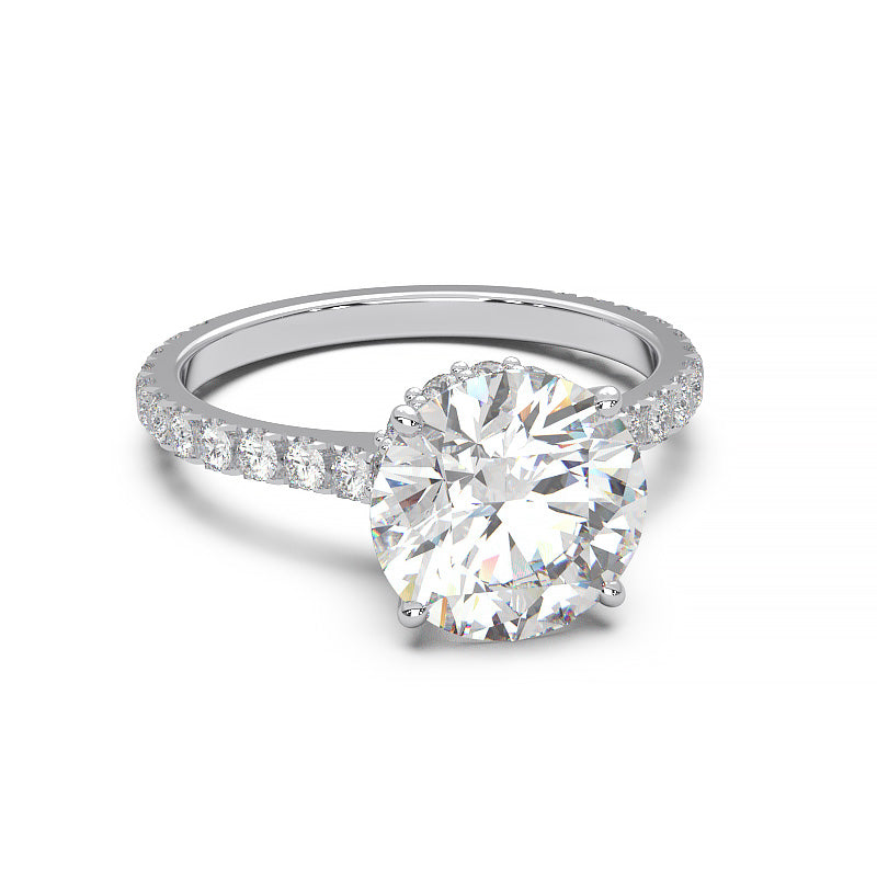 1.9 Carat Round Lab Grown Diamond Ring with Hidden Halo, Cathedral Setting, and Pave Band