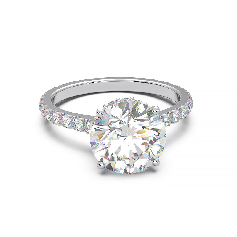 1.9 Carat Round Lab Grown Diamond Ring with Hidden Halo, Cathedral Setting, and Pave Band